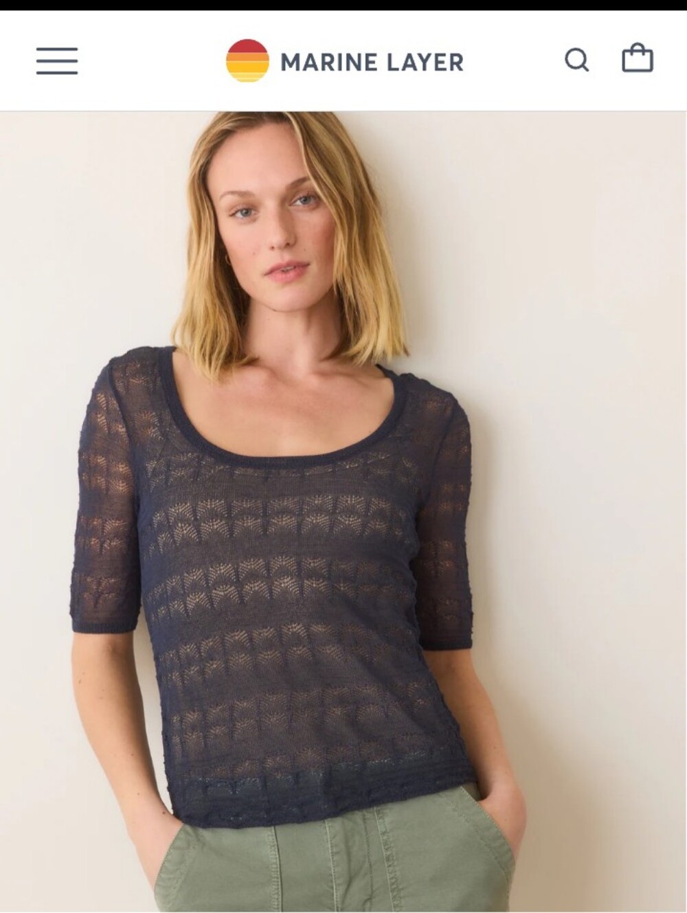 GUC: MARINE LAYER; ALANA SWEATER TOP, MOOD INDIGO, MEDIUM.